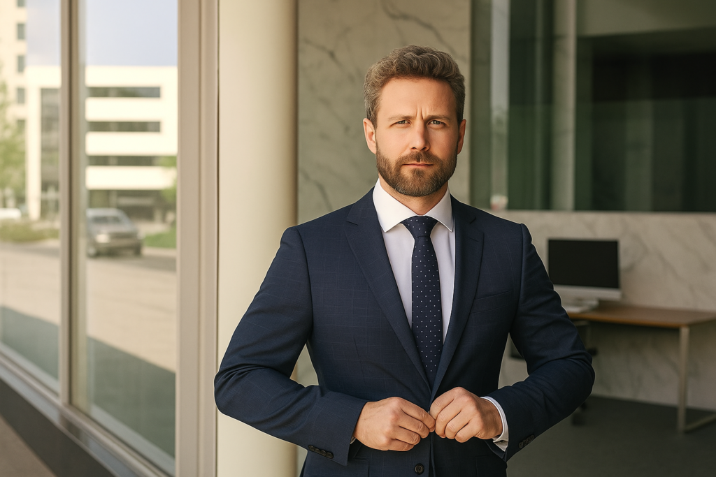 traje hombre de negocios azul marino y camisa blanca en oficina
