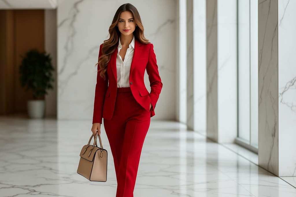 imagen de mujer ejecutiva vistiando traje para damas rojo.